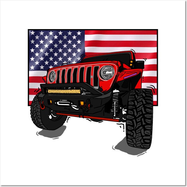 Jeep with American Flag - Red Essential Wall Art by 4x4 Sketch